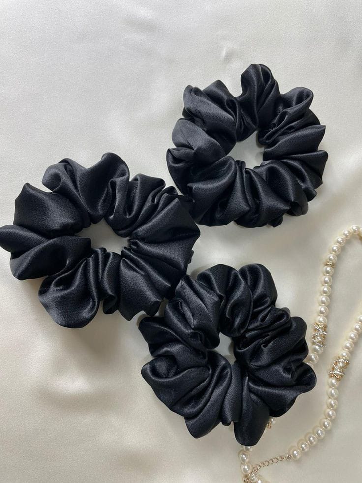 Cinderella™ Premium Satin Silk Hair Black Scrunchies for Women & Girls (Pack of 3)