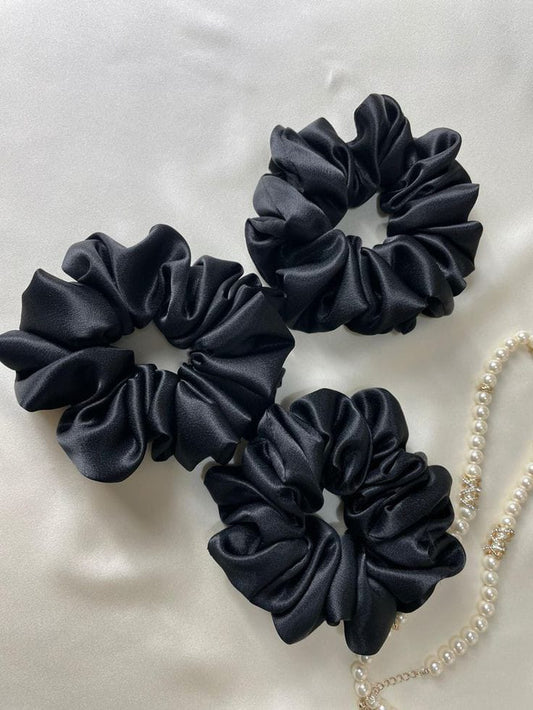 Cinderella™ Premium Satin Silk Hair Black Scrunchies for Women & Girls (Pack of 3)